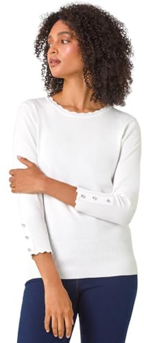 Roman Diamante Button Scallop Edge Jumper for Women UK Ladies Autumn Everyday Winter Holiday Round Neckline Comfy Long Sleeve Soft Slim Fit Knitted Sweater Warm Tops - Ivory - Size 18