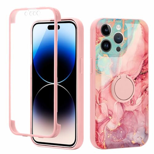 Yoedge Kickstand Phone Case for iPhone 15 Pro Max 6.7,360°Rotatable Magnetic Ring Holder Cases,Full Body Shockproof Silicone Cover Built-in Screen Protector,Pink Marble Pattern for iPhone 15 Pro Max