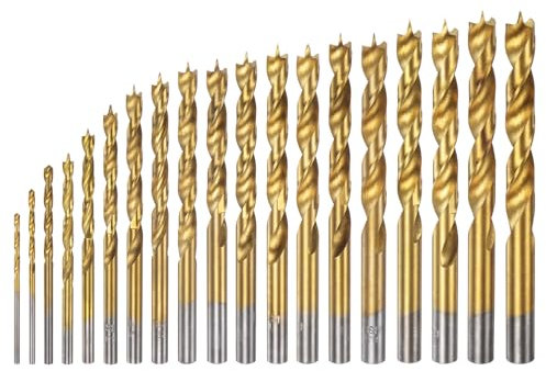 sourcing map 19pcs Brad Point Drill Bit Set 1.5mm-10.5mmDia Straight Round Shank Drill Metric Brad Point Spiral Twist Drill Bits for Carpenter Woodworking Plastic Rubber, Golden 19in1 Set