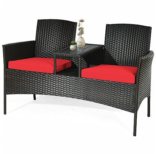 MOLVUS Rattan-Konversationsset, Zweisitzer-Sofa, gepolsterter Couchtisch, Rot