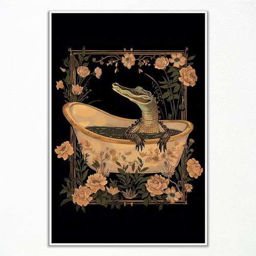 Kunstdruck im Jugendstil, Krokodil-Badezimmer-Leinwand, bunt, niedliche Badezimmerkunst, lustiges Tier-Krokodil-Badezimmer-Poster, skurriler Kunstdruck, 40,6 x 61 cm, ungerahmt