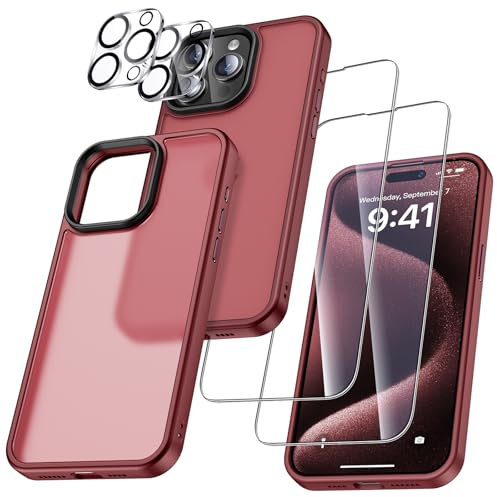 UniqueMe für iPhone 15 Pro Hülle, 5-in-1-Set Handyhülle für iPhone 15 Pro Case Rundumschutz Schutzhülle Cover,1 Handyhülle & 2 Schutzfolie & 2 Kameraschutz - Matt Rot