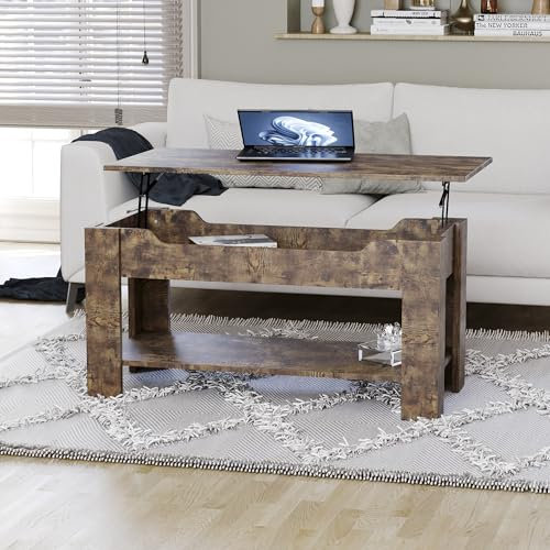 Moderner Couchtisch mit geräumigem verstecktem Stauraum und Regal, dunkle Holzoberfläche, H 48 x L 100 x B 48 cm