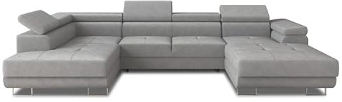 Wohnlandschaft Caris U mit Schlaffunktion und einstellbare Kopfstützen, Ecksofa mit Zwei Bettkästen, Couch, Sofa, Bettsofa (Grau (Paros 05), Ecksofa Rechts)