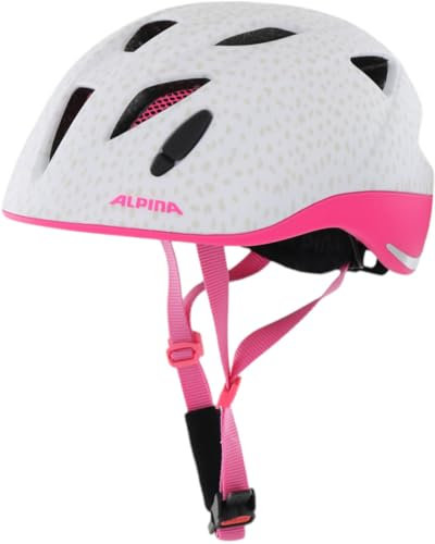 ALPINA XIMO L E - Leichter, Sicherer und Bruchfester Fahrradhelm Mit Optionalen LED-Licht Für Kinder, White pink dots matt 49-54