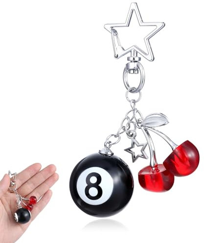 YQQYG Schlüsselanhänger 8 Ball, Kirsch Schlüsselanhänger mit Stern, Süßer Schlüssel Anhänger, Schwarz Billard Schlüsselring für Schlüssel Frauen Männer