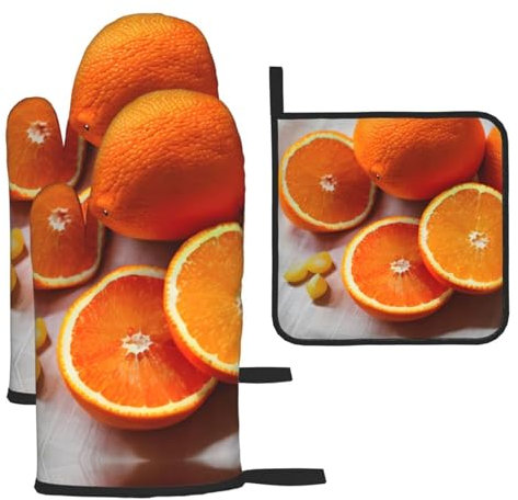 Set di guanti da forno e presine da cucina con stampa di frutta arancione fresca, antiscivolo