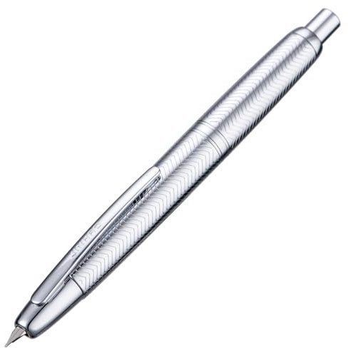 Jinhao 10 Press Fountain Pen with Box, Wavy Bright Chromium Retractable Fine Nib with Converter Set (Silver Clip)