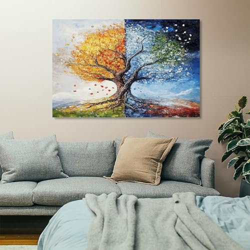 Wandbilder Dekoration Wohnzimmer Vier Jahreszeiten Baum rot blau abstrakt Bilder auf Leinwand 50x100cm Leinwandbild Schlafzimmer Küche Deko Wand Kunstdruck Art Groß XXL Wanddeko Bild Wall Decor Canvas
