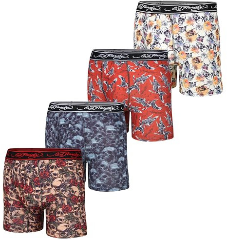 ED HARDY Mens Boxer Briefs 4 Pack, Soft Fabric Underwear, Pull On Closure, Machine Washable Comfortable Stretch Boxers, 4pk - Skulls & Eagels, L