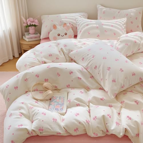 Michorinee Housse de Couette 140x200 Rose Coeur et Nœud Papillon Imprimé Adulte 1 Personne Parure de Lit Microfibre Romantique Fille Linge de Lit avec Fermeture Éclair et 1 Taie d'oreiller 65x65