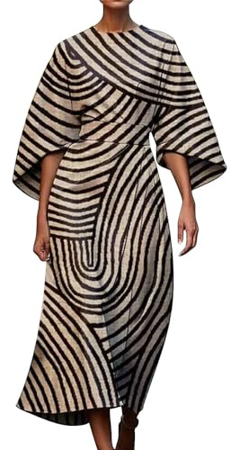 HOOUDO Women's Summer Dresses Crew Neck Elegant Swing Dress Casual Vintage Midi Sundress with Pockets A-Line Wedding Guest Dresses