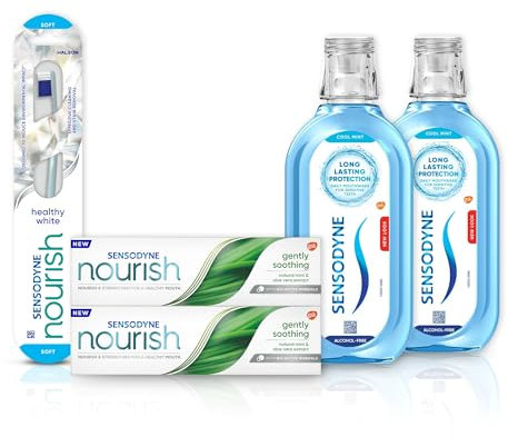 Sensodyne Toothpaste, Toothbrush & Mouthwash Bundle - 2 x Nourish Toothpaste, 2 x Mouthwash & 1 x Toothbrush - Dental Care Regime for Sensitive Teeth with Bio-Active Mineral Action
