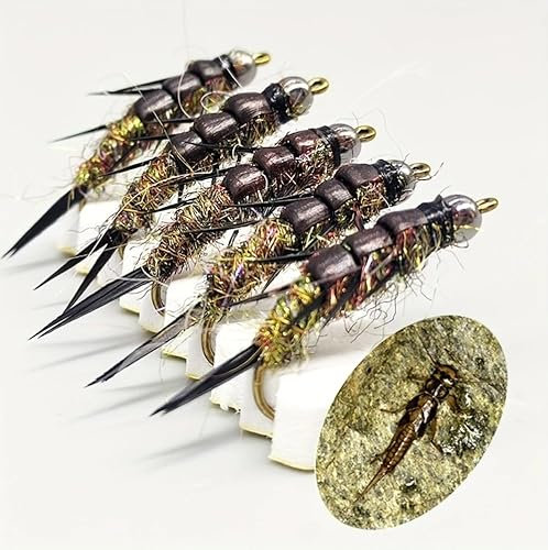 AMZfishing® Messeneuheit 2025-5 Stück Steinfliegen-Nymphen | Steinfliegen zum Forellenangeln | Fliegenangeln Forelle | Fliege Forelle | Fliegenfischen Äsche | Steinfliegen Nymphen (a: 5 Stück)