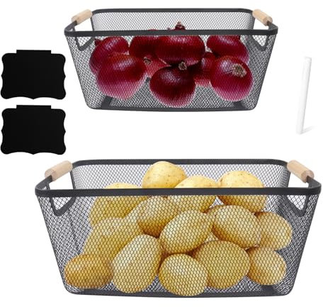 Gzsekken 2 Pack Potato Storage, Black Metal Potato and Onion Storage Basket with Wooden Handle, Large Capacity Wire Baskets, Pantry Organizer and Onion Container for Kitchen Organizer