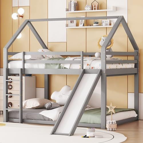 NLDGR Kinderbett Etagenbett 140x200 cm, Hochbett für 2 Kinder, Hausbett mit Rutsche und Leiter, Baumhaus mit Rausfallschutz und Lattenrost, Doppelbett Stockbett Spielbett Jugendbett(Grau-1)