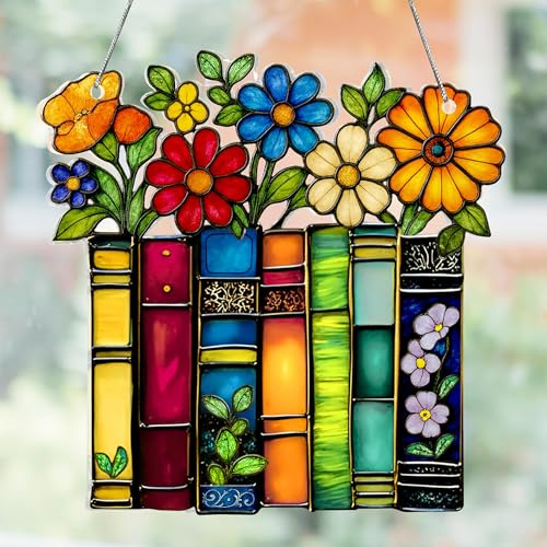 Buchschmuck Buntglas-Sonnenfänger Fensterdeko,Acryl Buchgeschenk, Passend für,Bibliothekarinnen, Leser, Buchliebhaber, Geschenke für Frauen, Lehrerin Geschenk, (Blumenständer)