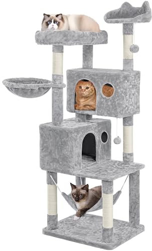 Yaheetech 163cm Cat Tree, Large Cat Tower with Condos Scratching Posts Perch Hammock, Pet Bed Furniture for Indoor Kittens, Kitty, Light Gray