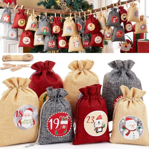 Adventskalender Säckchen Groß 2026 zum Befüllen Stoff Weihnachtskalender | 24 Stück Adventskalender Säckchen Selber Befüllen, 2 Größen, Weihnachtskalender zum Selbstgestalten für Kinder und Familie