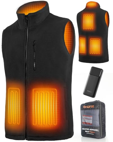 SZNX Heated Gilet for Men with Power Bank – Fleece Electric Body Warmer 6 Heating Zones, Men’s Heated Jacket Vest 3 Heat Settings, USB Rechargeable Heated Clothing Winter Outdoor Work, Black, L
