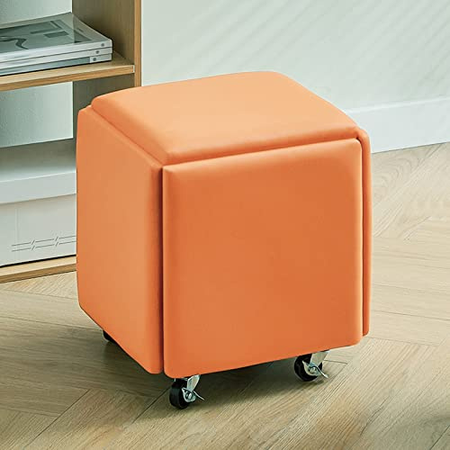 5 in 1 ge Kunstleder Pouf mit Drehrollen, stapelbarer Hocker & mobiler Fußstütze, vielseitiger Schminktisch Stuhl für Wohnzimmer & Schlafzimmer