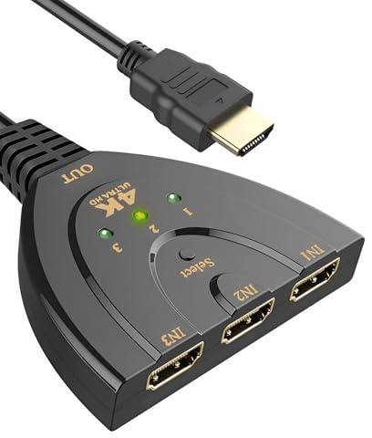 HDMI Switch 4K, HDMI Verteiler 3 In 1Out Umschalter UHD HDR 1080P 3D HDR, Splitter für Laptop TV Spielkonsolen Projektor HDTV DVD TV Stick