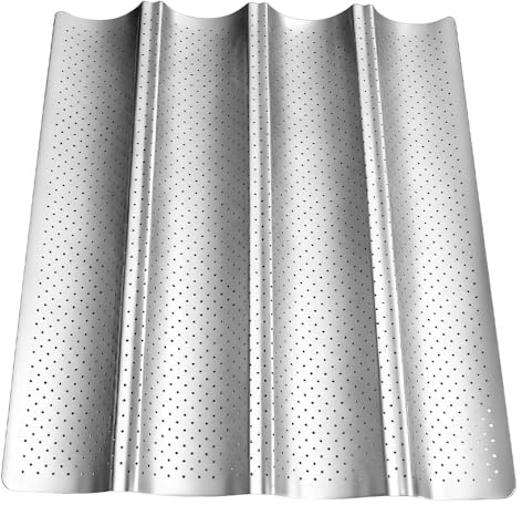 Wxeadu Baguette Baking Tray, 38.5x33.5cm French Bread Pan for 4 Baguettes with Non-Stick Coating, Grooves Waves Bread Baking Tray, Perforated Baguette Pan for Oven Baking Baguette Mould Accessories