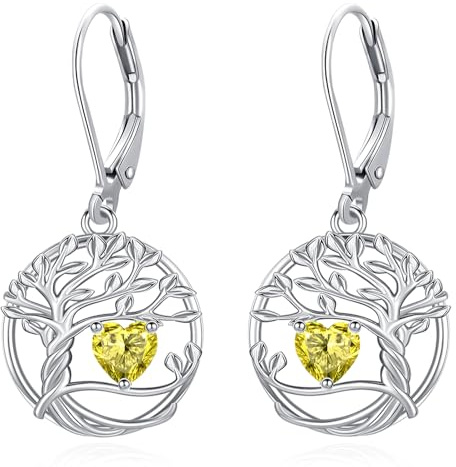 Eusense Boucles d'Oreilles Arbre de Vie avec Cœur en Pierre de Naissance Bijou Cadeau Personnalisable pour Anniversaire et Fête des Mères