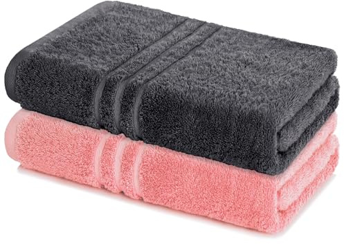 Lavea® 2er Set Saunatuch 80×200 cm - Anthrazit & Pastellrosa | 100% Baumwolle – Großes Saunatuch für Damen & Herren, saugstarkes Frottiertuch, weich, waschbar, Frottierserie Elena