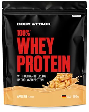 Body Attack 100% Whey Protein Apple Pie, 900 g - extra cremiges Eiweißpulver mit Hydrolysat und BCAA´s, unterstützt Muskelaufbau und Diäten, für alle Sportler & Athleten