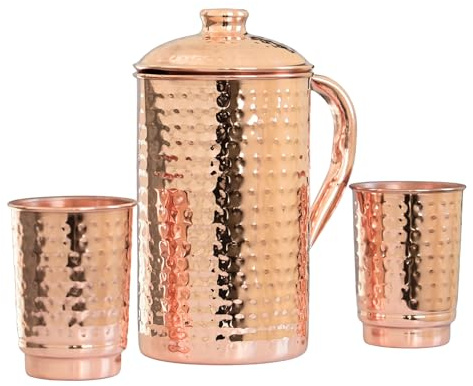 COPPAYA Pure Copper Ayurveda Pitcher and Tumbler Set | Hammered Design Jug with 2 Tumblers | 1.5 Litre Water Pitcher & 350ml Cups | Traditional Copper Drinkware | Made in India