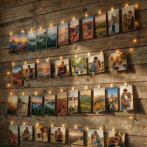 BG9D LED Fotoclips Lichterkette 6M 60Led Warmweiß mit 30 Klammern und 15 Haken an der Wand Timer 2 Modi für Zimmer Deko Fotos Wand Wohnzimmer, Weihnachten, Hochzeiten, Party Warmweiß