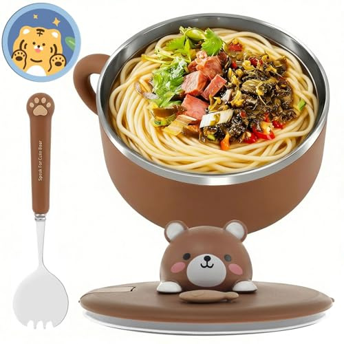 wiksite Ramen Bowls Stainless Steel Noodle Bowl with Lid and Spork, Speedy Soup Bowl with Handles Portable Salad Bowls Heat Resistant Instant Serving Noodle Cooker Pasta Bowl (Brown)