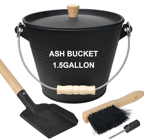 Mini Ash Bucket with Lid, Shovel and Broom, 1.5 Gallon Fireplace Metal Bucket with Lid, Charcoal Bucket and Ash Can for Fireplace, Fire Pits, Ashes, Hearth, Wood Burning Stoves