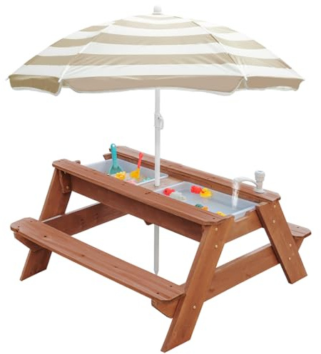 Kids - Table d'activités sable et eau 3 en 1 en bois - Extérieur - Table de pique-nique convertible avec parasol - 2 bacs de jeu - Dessus amovible - Table avec robinet pour l'extérieur (marron/marron)