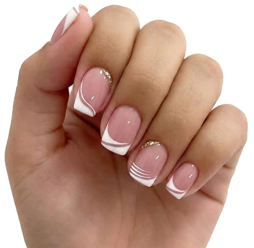 SWYZOR 24 Pièces Ongles Autocollants Courts Carrés, Ongles Artificiels avec Bord Blanc Français, Ongles Ballerina Nude pour Coller, Faux Ongles Acryliques, Décoration d'Ongles pour Femmes et Filles