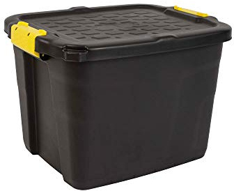 Heavy Duty Plastic Storage Boxes with Locking Lid, Black, 24L, 42L or 60L, Water Resistant, Indoor Storage (42 Litre)