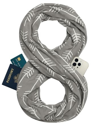 Pop Fashion Arrow Pattern Infinity Scarf for Women - Travel Scarf with Hidden Pocket - Women Infinity Scarves for All Seasons (Grey)