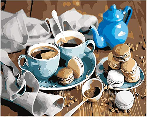 WOWDECOR DIY Malen nach Zahlen Kits Geschenk für Erwachsene Kinder, Malen nach Zahlen Home Haus Dekor - Kaffee Makrone Keks Tasse Teekanne 16 x 20 Zoll (X7043, Ohne Rahmen)