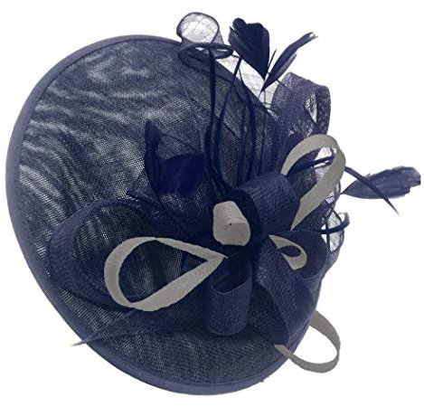 Caprilite Navy and Silver Grey Sinamay Big Disc Saucer Fascinator Hat for Women Weddings Headband