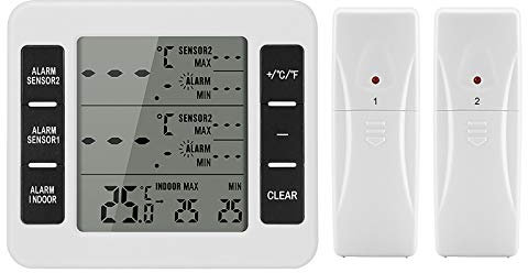 Powstro Wireless Fridge Freezer Thermometer Digital Refrigerator Thermometer Audible Alarm Indoor Outdoor Temperature Monitor with 2 Sensors & Min/Max Temp Record