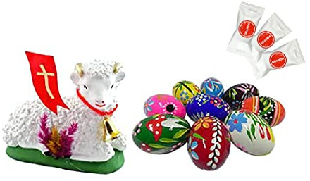 Polnische Ostereier, handbemalt, Pysanki, 6 Stück + Osterlamm (Baranek Gipsowy) 1 Stück