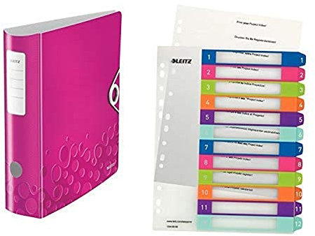 Leitz Set Qualitäts-Ordner 180° Active WOW A4, Breit, 8,2 cm, Gummibandverschluss, Pink + Leitz Register für A4, PC-beschriftbares Deckblatt, und 12 Trennblätter, WOW Serie, 11060023 + 12440000