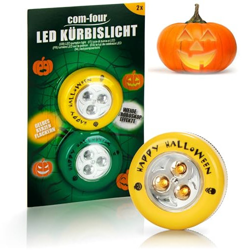 com-four® 2x LED-Licht für Halloween - Kernzenflackern, Stroboskop Effekt - Blinkende Kürbis LED Lichter für ausgehölte und geschnitzte Kürbisse - Kürbis-Lampe für Halloween (Set LED - gelb + grün)