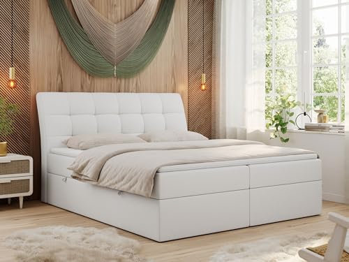 MKS MEBLE Boxspringbett 180x200 Weiß Kunstleder, Bett mit Multipocket Matratze H3 und Topper, Polsterbett 180x200 mit Bettkasten und Kopfteil, DIEGOS Weiß Kunstleder