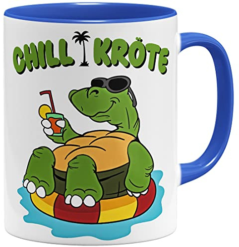 OM3® Coole Chill Kröte Schildkröte Tasse mit lustigem Spruch Wortspiel - Keramik Becher - 325ml - Beidseitig Bedruckt - Blau