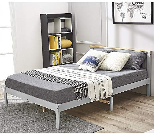 Panana Solid Pine Wood Double Bed Frame 4FT6 Wooden Bed for Adults, Kids, Teenager, Grey+Wood, 135 * 190cm