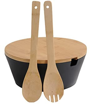 Kesper | Obst- und Salatschale mit Besteck, Material: Kunststoff, Bambus, Maße: Ø 26 cm/Höhe: 11 cm, Farbe: Schwarz, Braun | 92524
