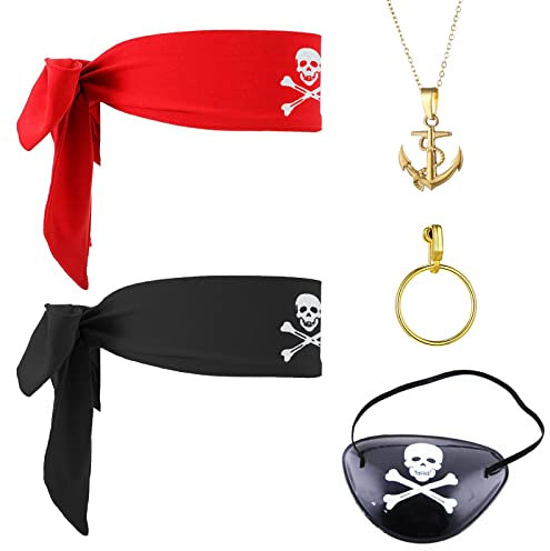 VIKSAUN 5 Stücke Captain Pirate Kostüm Zubehör Set, Creolen Piraten Augenklappen Gold Vintage Piraten Halskette, Piraten Kopftuch, Piraten Rollenspiel Set für Kinder Karneval Party