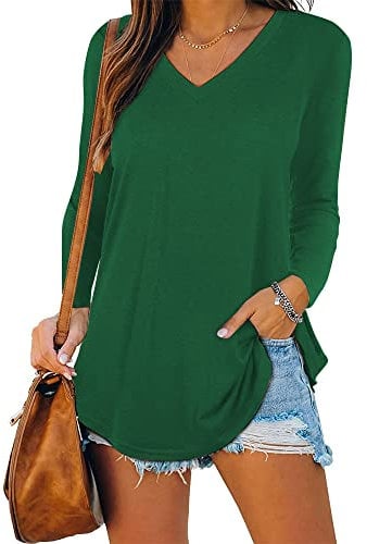 iChunhua Long Sleeve Tops Women V Neck Lightweight Longline Plain T-Shirts Green XX-Large